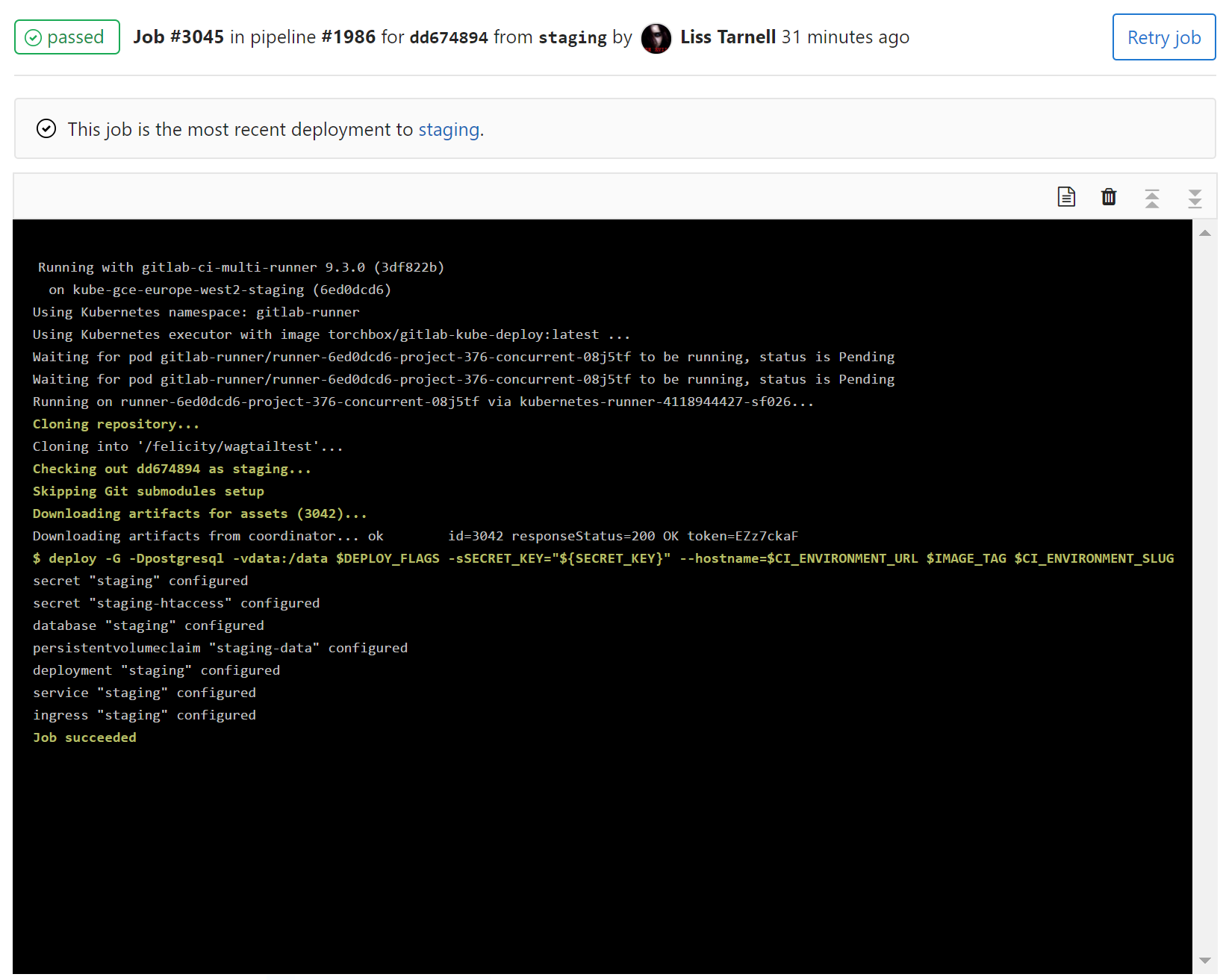 A screenshot of a Gitlab CI build showing deploy being used