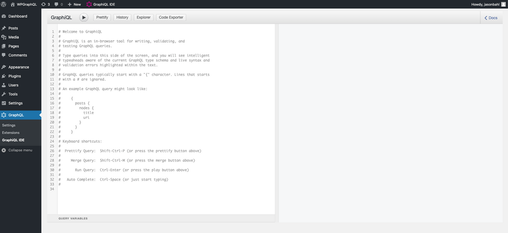 Screenshot of GraphiQL in the WordPress Admin