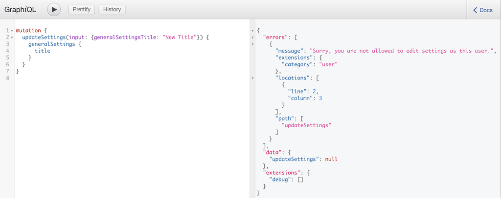Screenshot of an unsuccessful Mutation to update the Site's title
