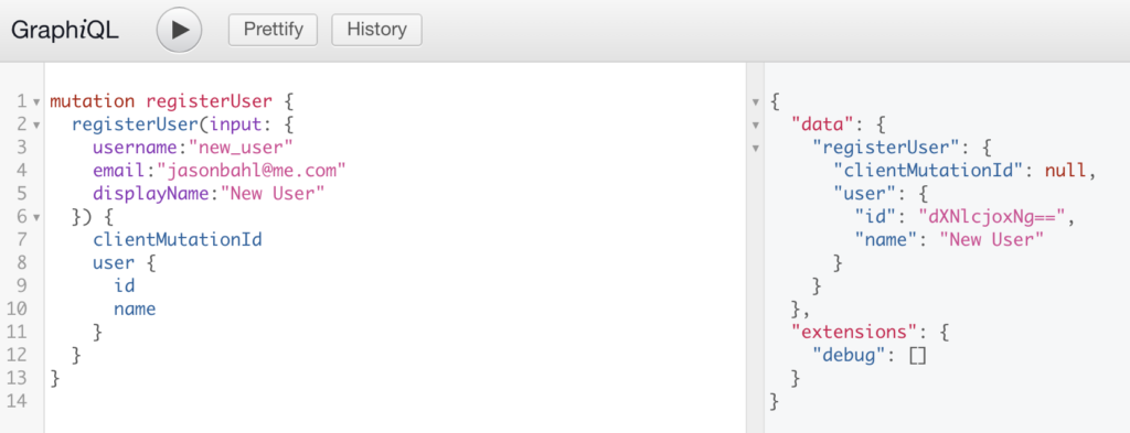 Screenshot of a successful registerUser mutation