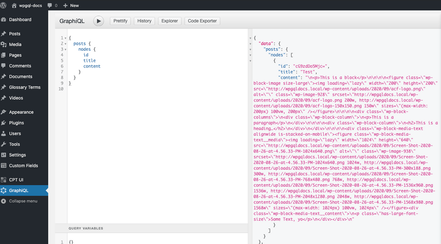 GraphQL query using GraphiQL in the WordPress Dashboard